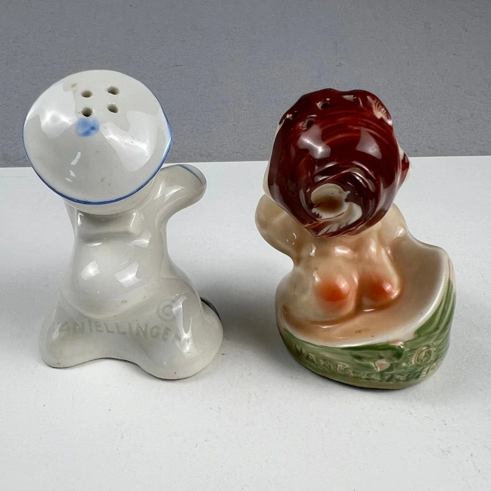 VTG Van Tellingen Salt Pepper Shakers 1940s Mermaid Sailor Kissing Ceramic 4in
